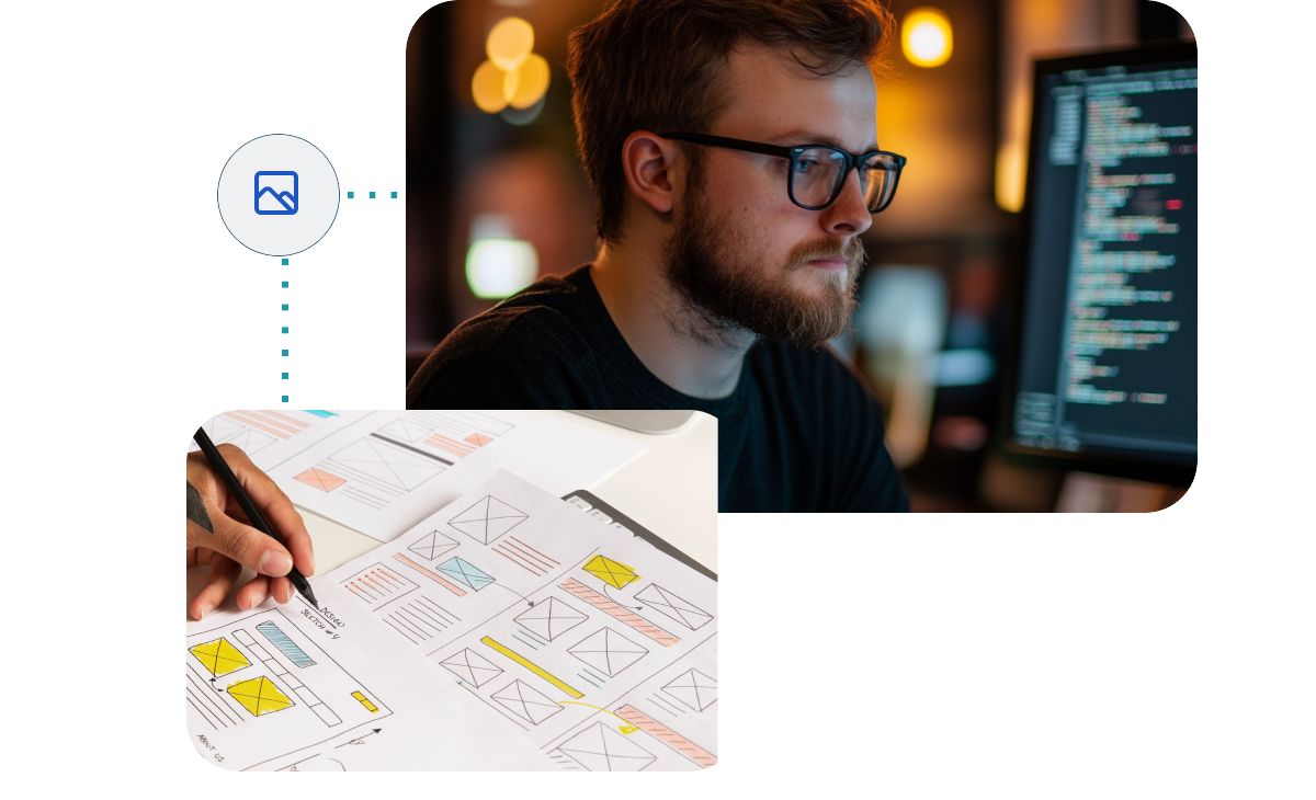 An illustration of Gamezoneus Marketing's web development services, featuring a developer focused on coding and a hand sketching wireframes. The visuals emphasize functional design and tailored website solutions for businesses.